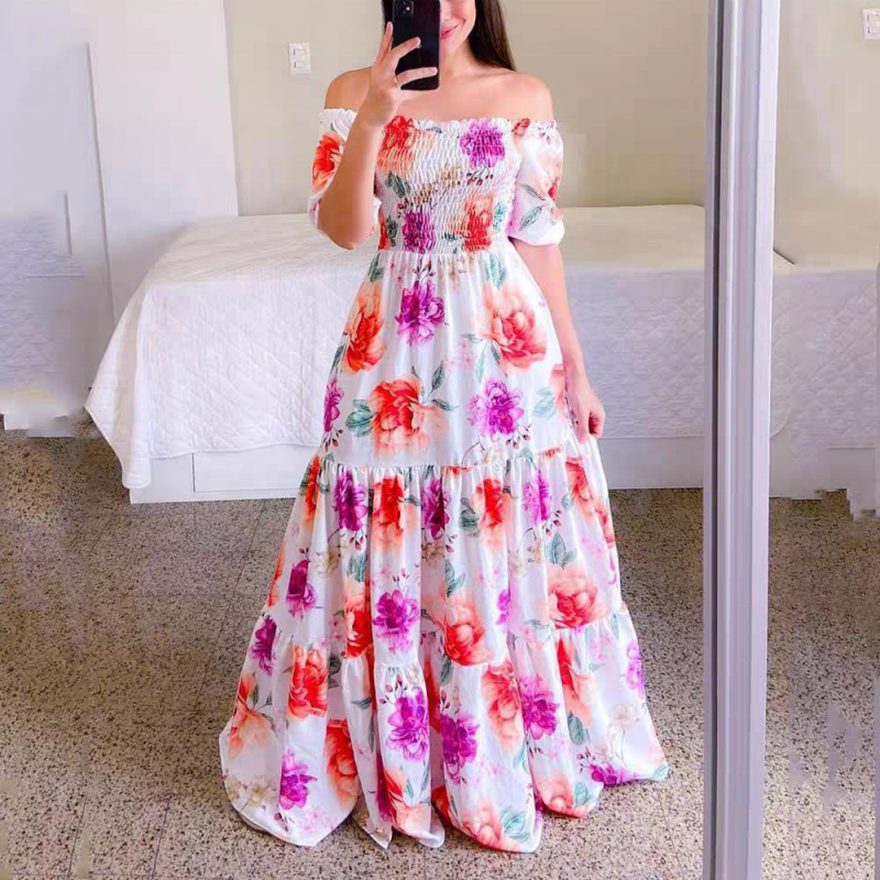 2023 New Arrivals Fashion Ladies Long Summer One-shoulder Floral Dress Women Clothing Casual Dresses Women's Maxi Dresses
