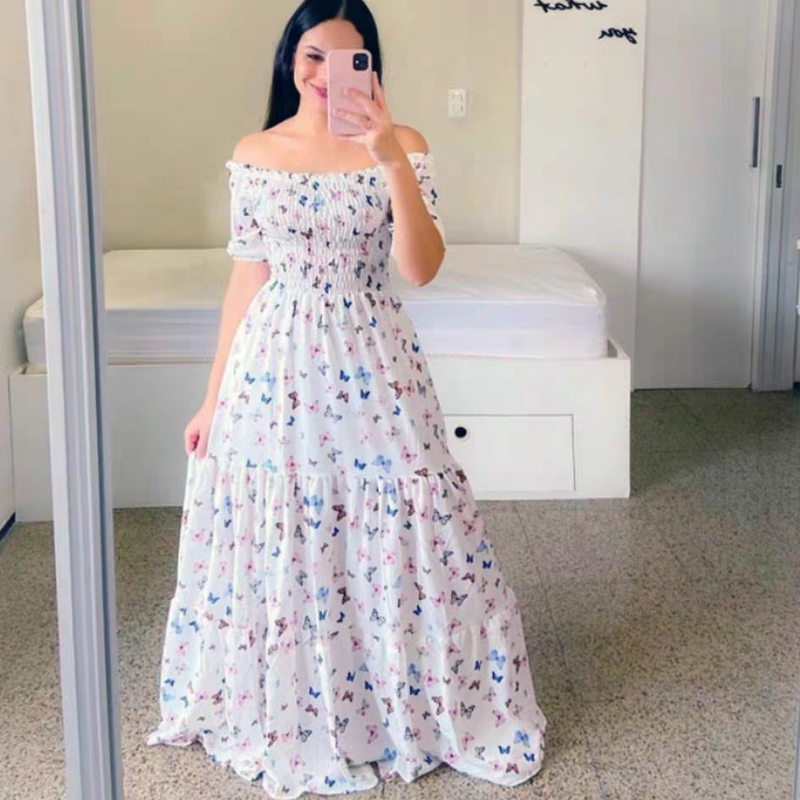 2023 New Arrivals Fashion Ladies Long Summer One-shoulder Floral Dress Women Clothing Casual Dresses Women's Maxi Dresses