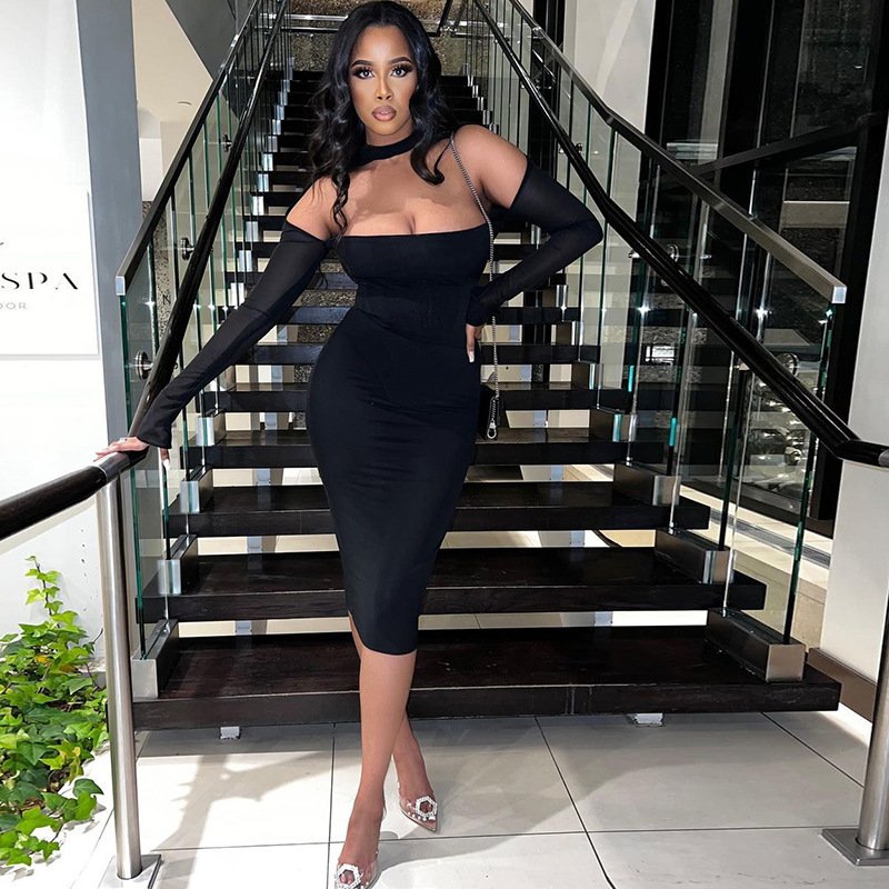 MA0059 Modest cut out textured slinky elegant casual dress long sleeves halter dress sexy bodycon midi dresses