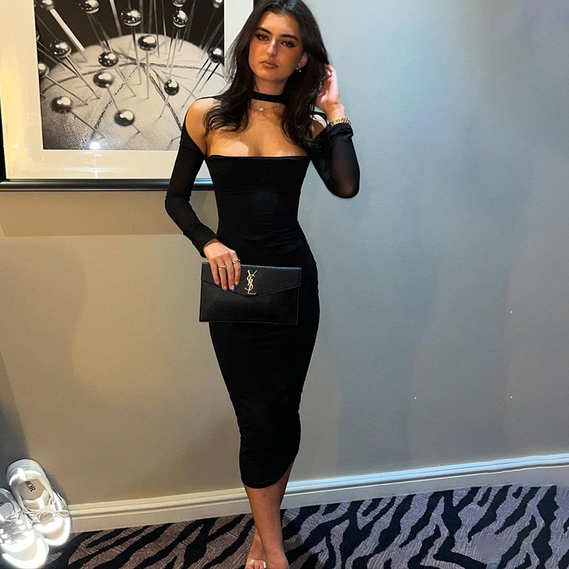 MA0059 Modest cut out textured slinky elegant casual dress long sleeves halter dress sexy bodycon midi dresses