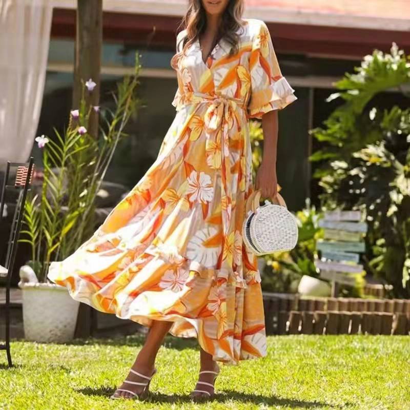 High fashion custom dress ladies romantic printed flower long casual dresses