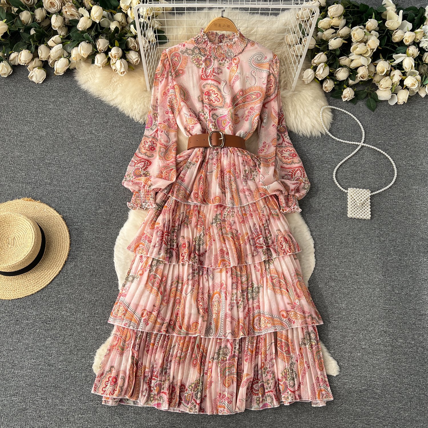Summer Women's Dress Slit Straps Digital Print Retro Small Flowers print vacation dress elegant casual dress for women