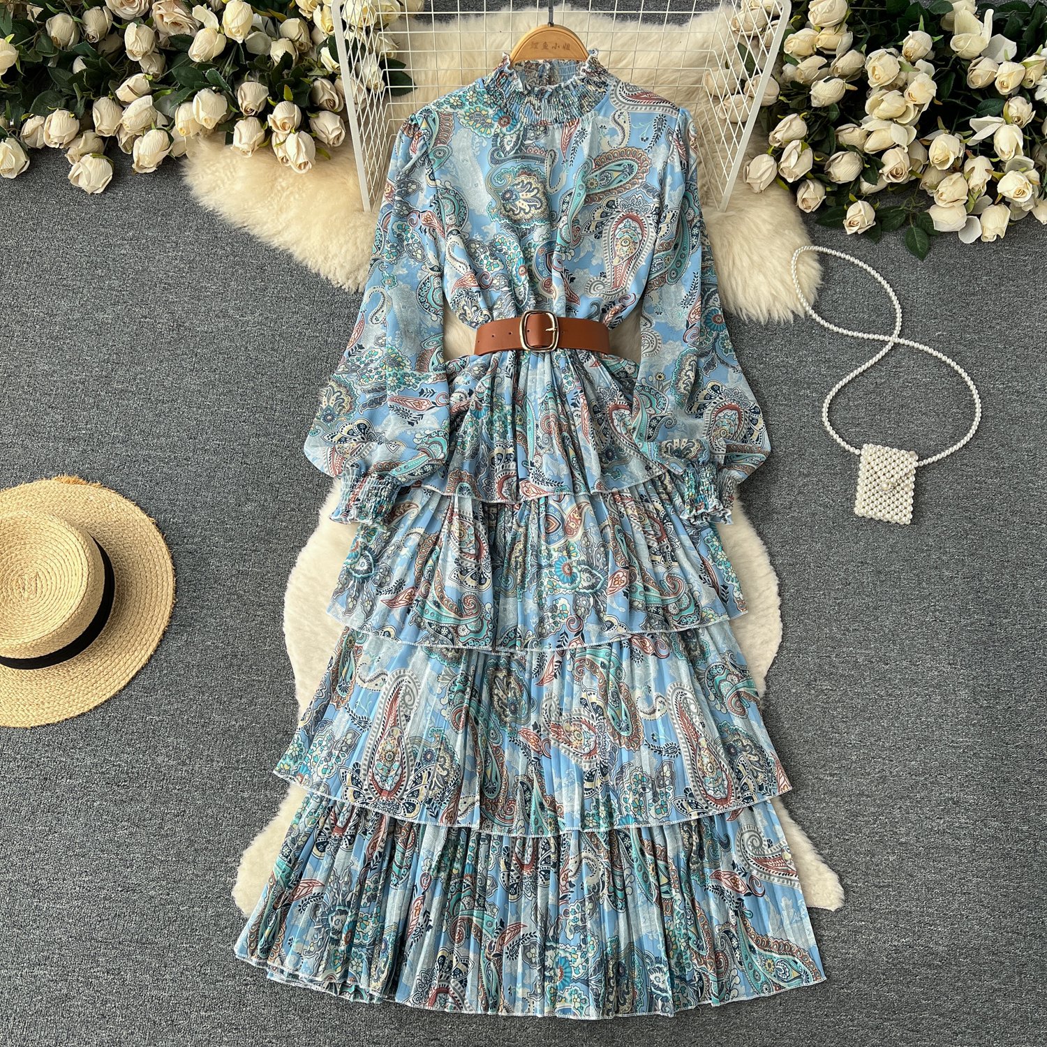 Summer Women's Dress Slit Straps Digital Print Retro Small Flowers print vacation dress elegant casual dress for women