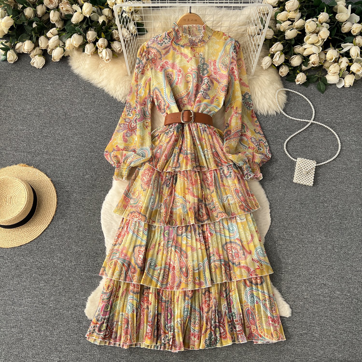 Summer Women's Dress Slit Straps Digital Print Retro Small Flowers print vacation dress elegant casual dress for women