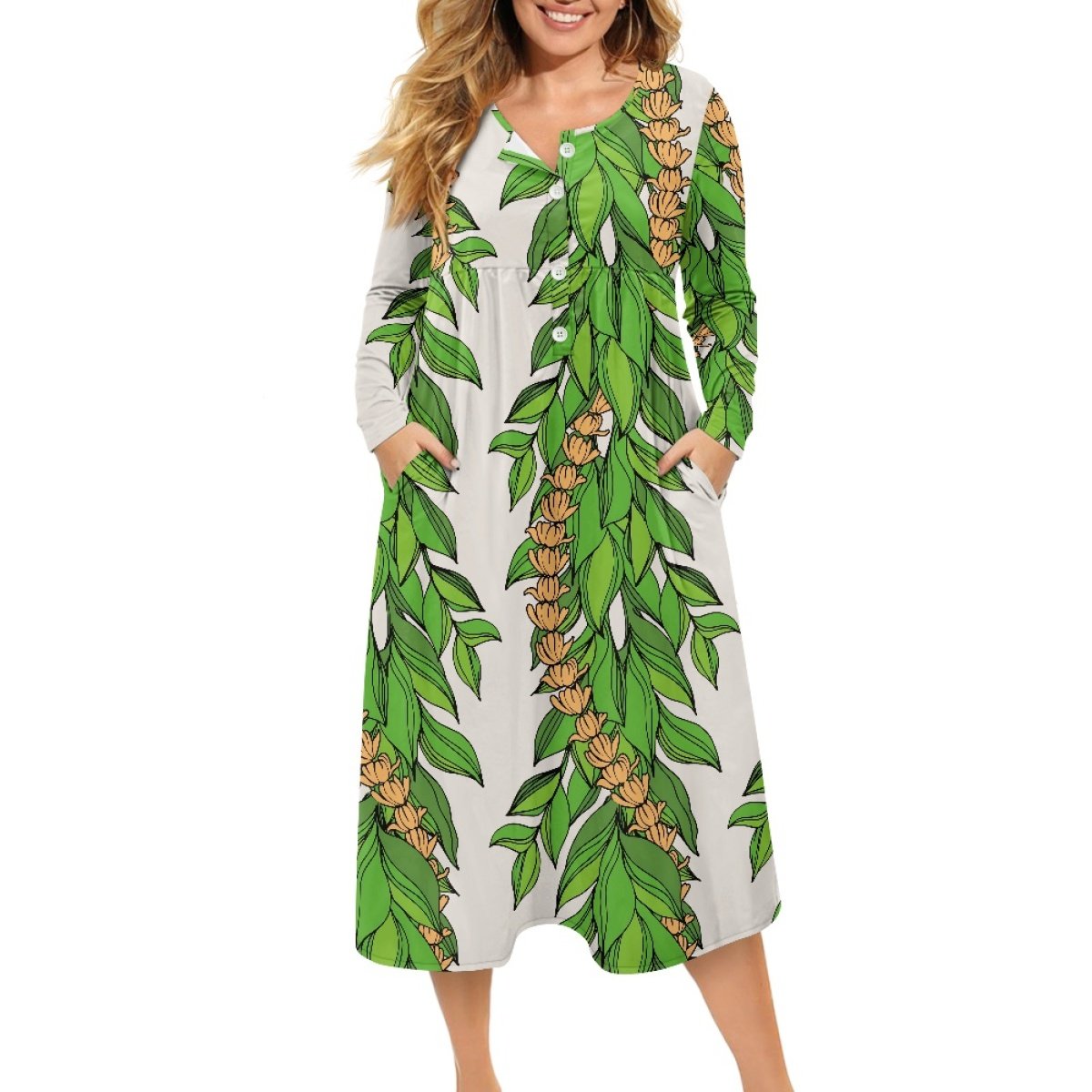 Fashionable And Elegant Ladies V-Neck Button Dress Print On Demand Custom Kalikimaka Flower Women's Casual Dresses