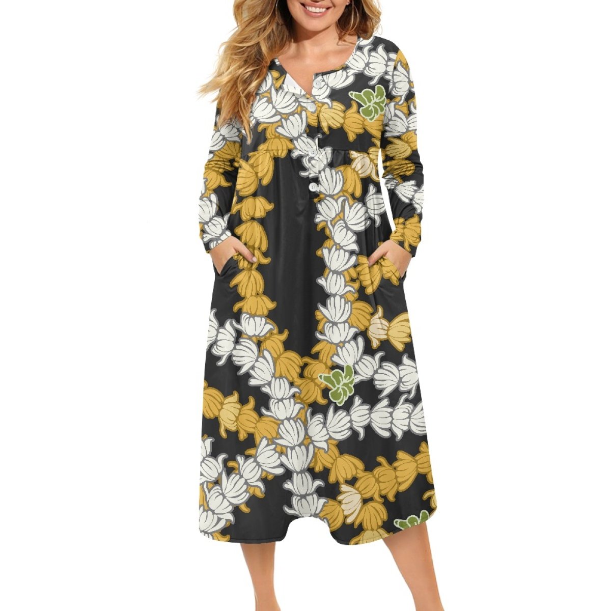 Fashionable And Elegant Ladies V-Neck Button Dress Print On Demand Custom Kalikimaka Flower Women's Casual Dresses