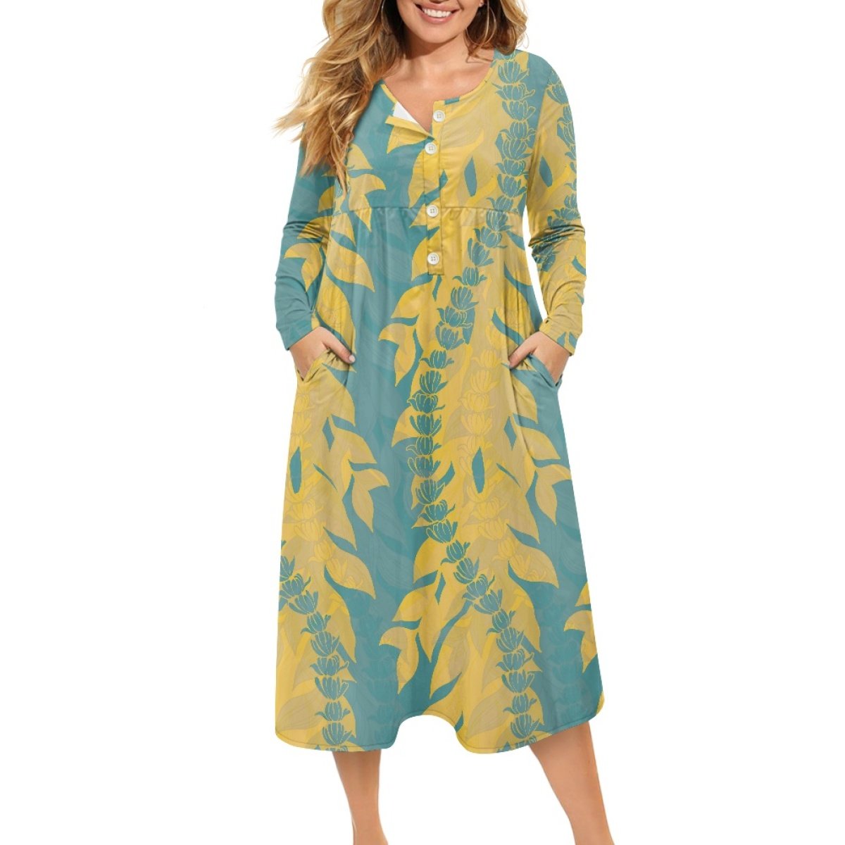Fashionable And Elegant Ladies V-Neck Button Dress Print On Demand Custom Kalikimaka Flower Women's Casual Dresses
