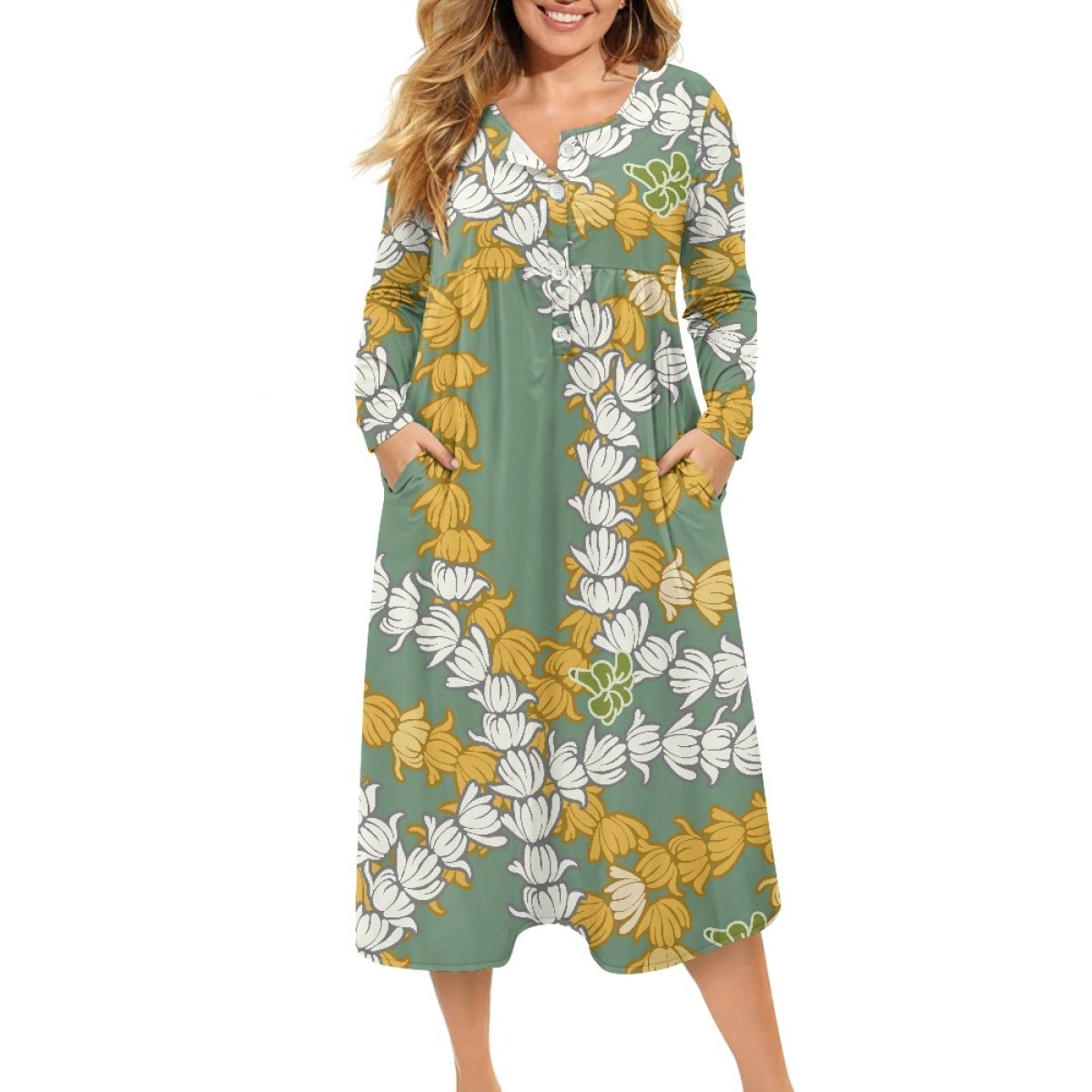 Fashionable And Elegant Ladies V-Neck Button Dress Print On Demand Custom Kalikimaka Flower Women's Casual Dresses