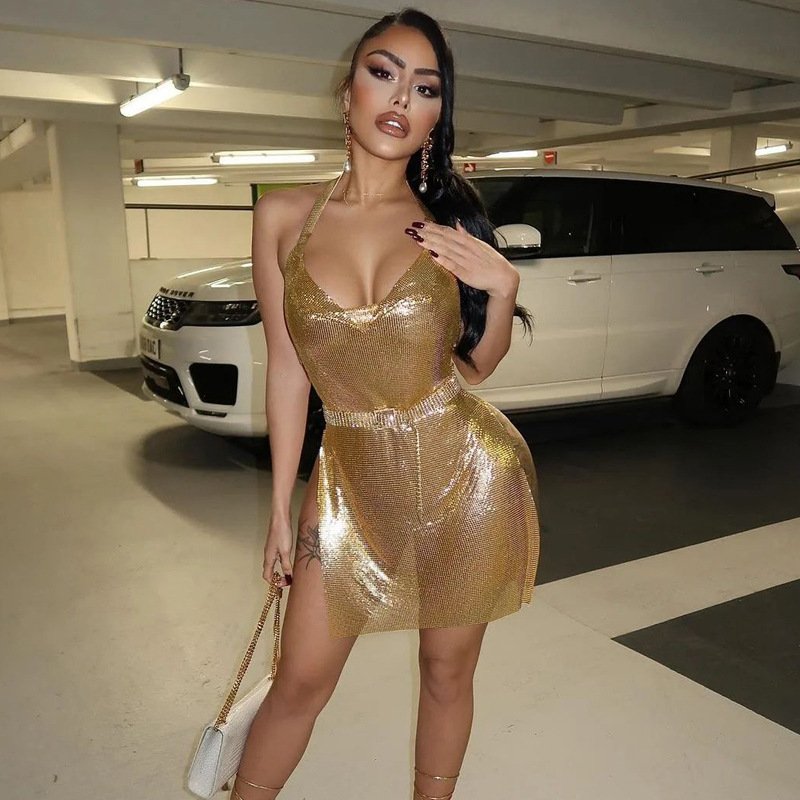New women's clothing 2022 solid color nightclub split sexy backless black dress hot stamping halter mini dress