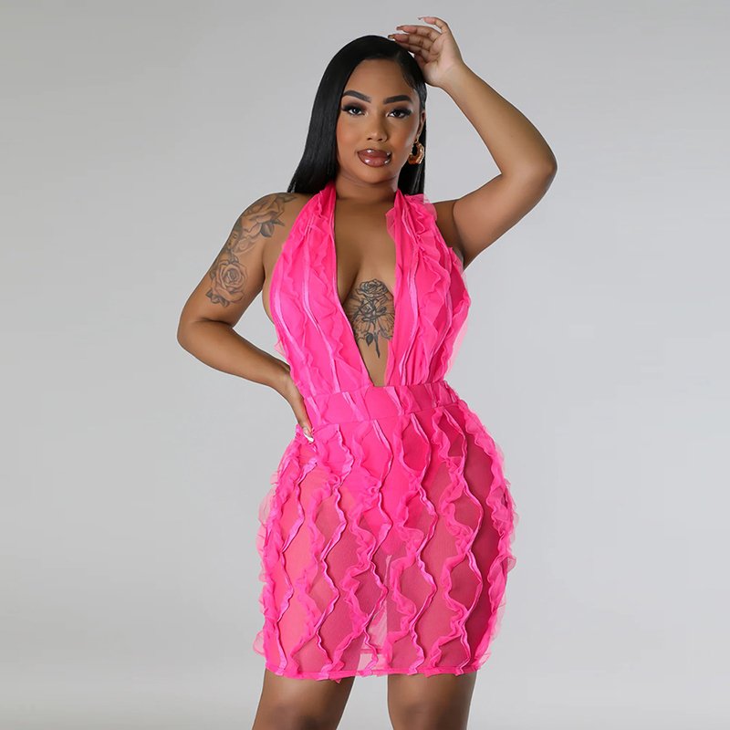 CY900728 New Translucent Bodycon Mini Dress Halter Sleeveless Sexy Night Club Party Dresses Women
