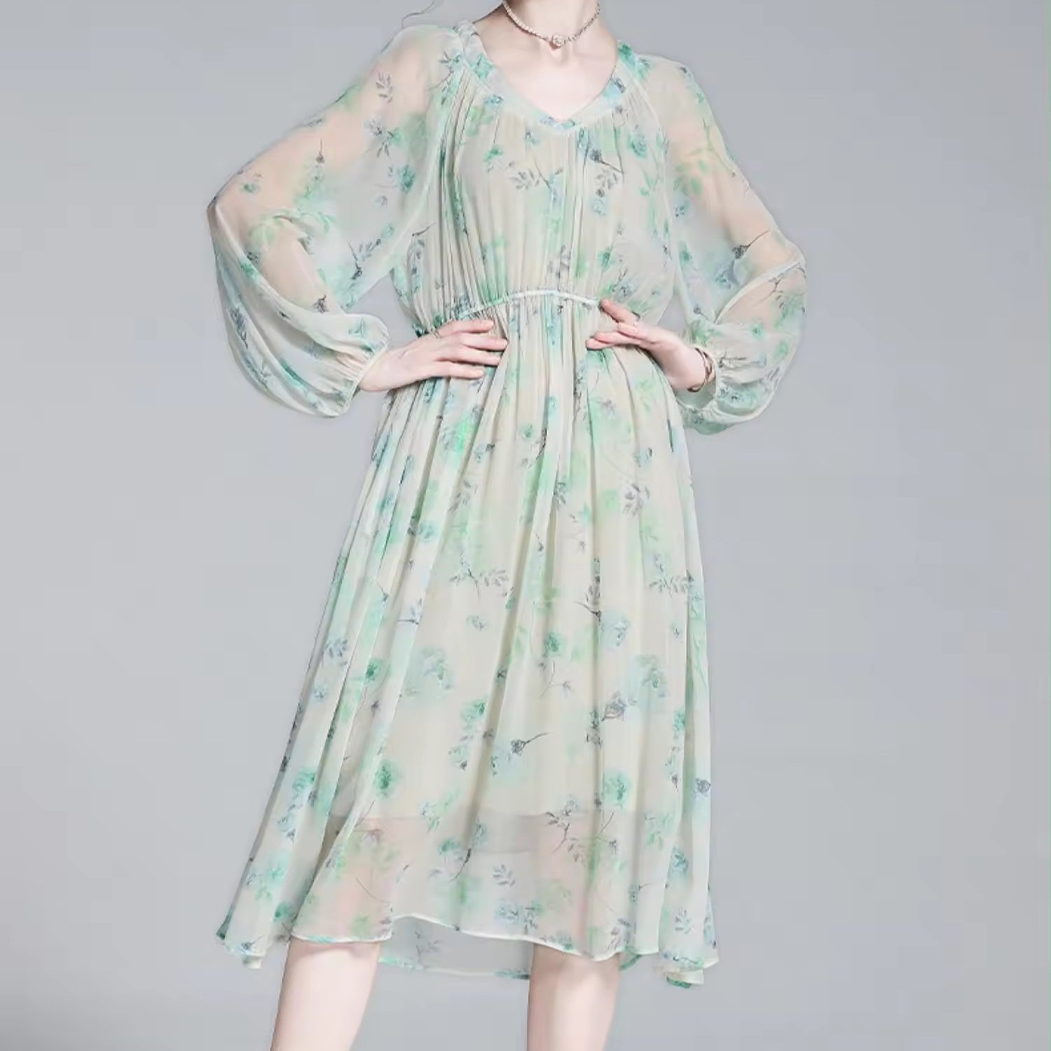 High quality dresses midi blue ladies floral silk printed casual dress for women