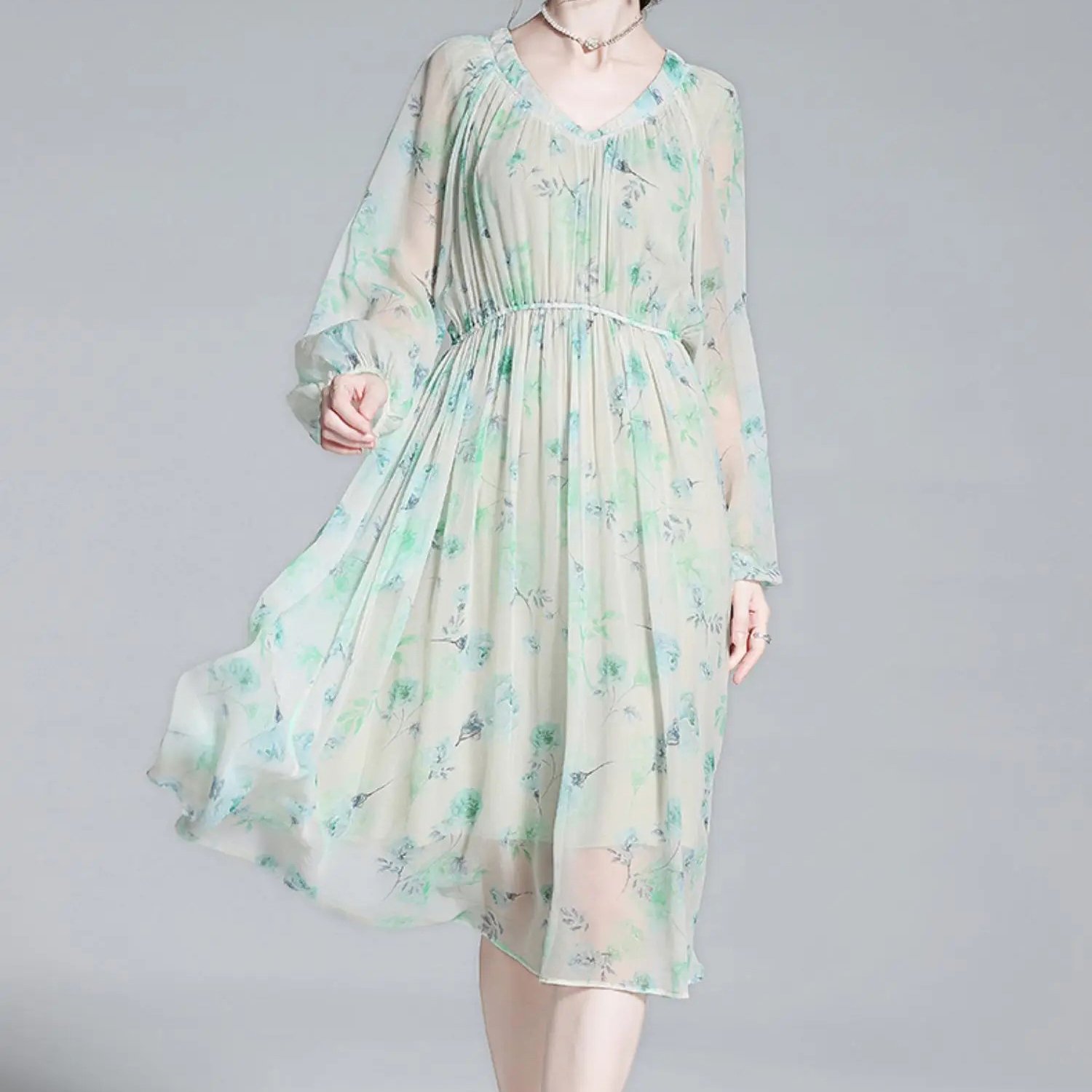 High quality dresses midi blue ladies floral silk printed casual dress for women