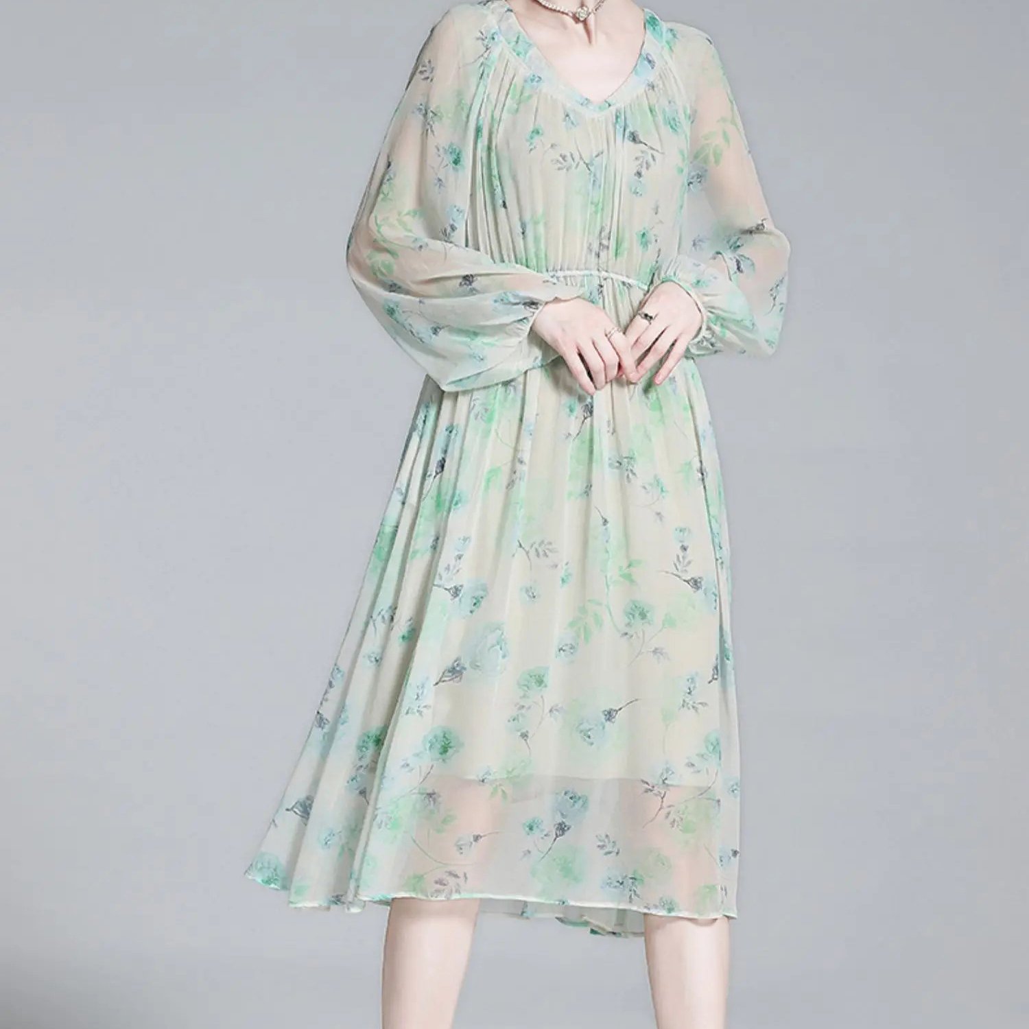 High quality dresses midi blue ladies floral silk printed casual dress for women