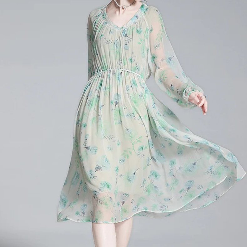 High quality dresses midi blue ladies floral silk printed casual dress for women