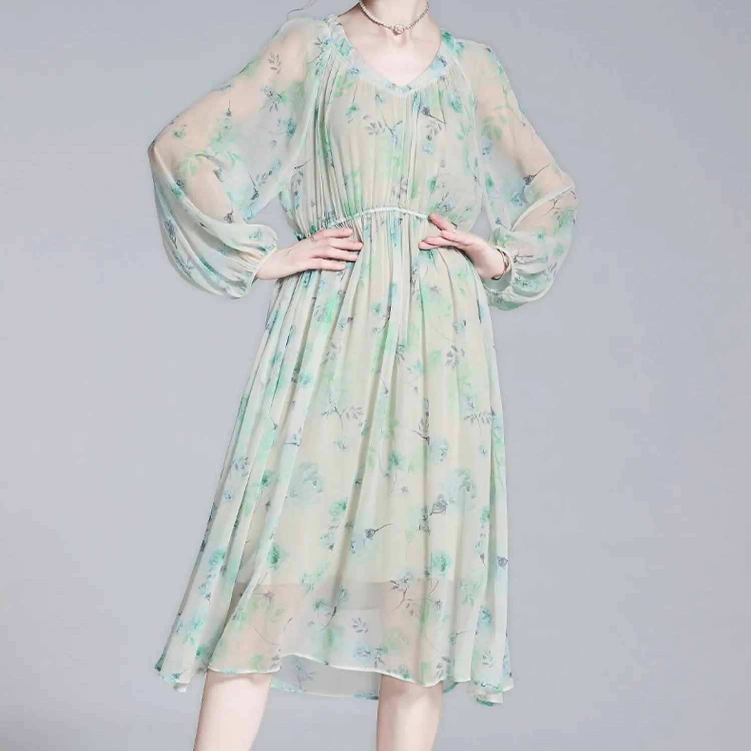 High quality dresses midi blue ladies floral silk printed casual dress for women