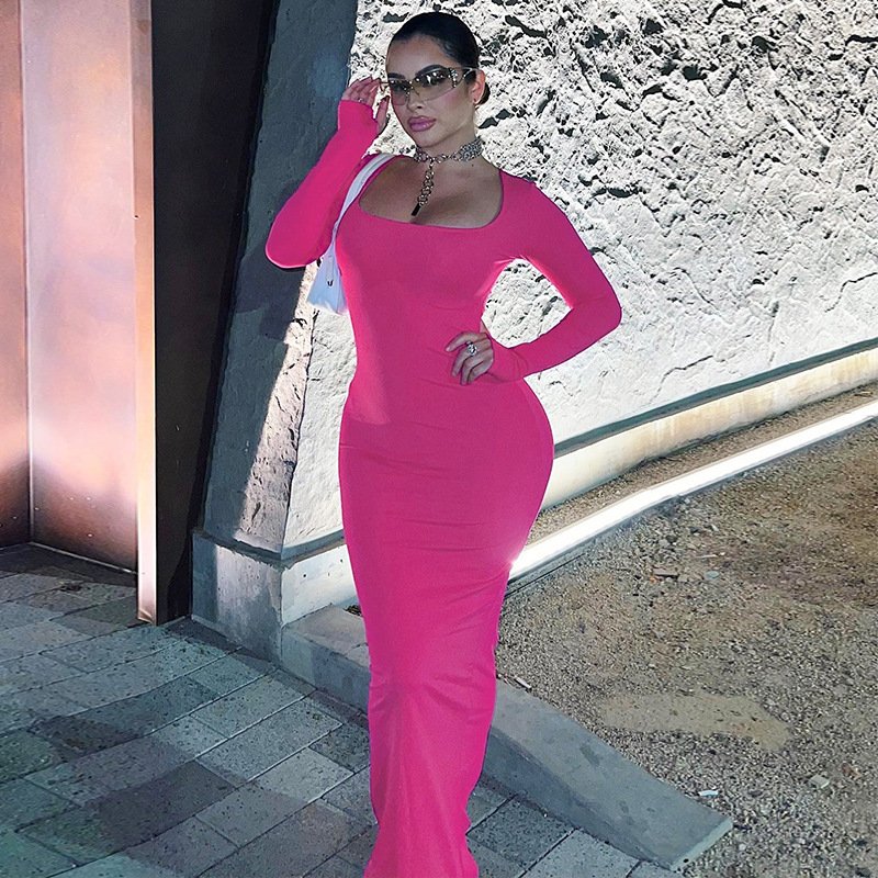 K6391 trendy long sleeve plain bodycon maxi dresses women casual