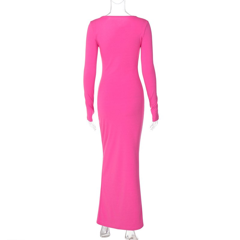 K6391 trendy long sleeve plain bodycon maxi dresses women casual