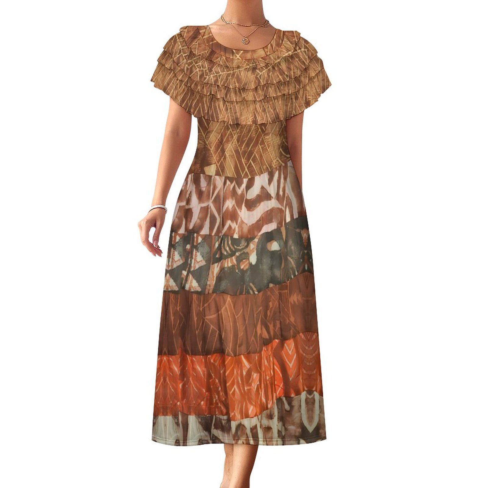 Promotional Polynesian Elei Tribal Design Custom Casual Crew Breathable Neck Multi-Layer Ruffled Collar Dress