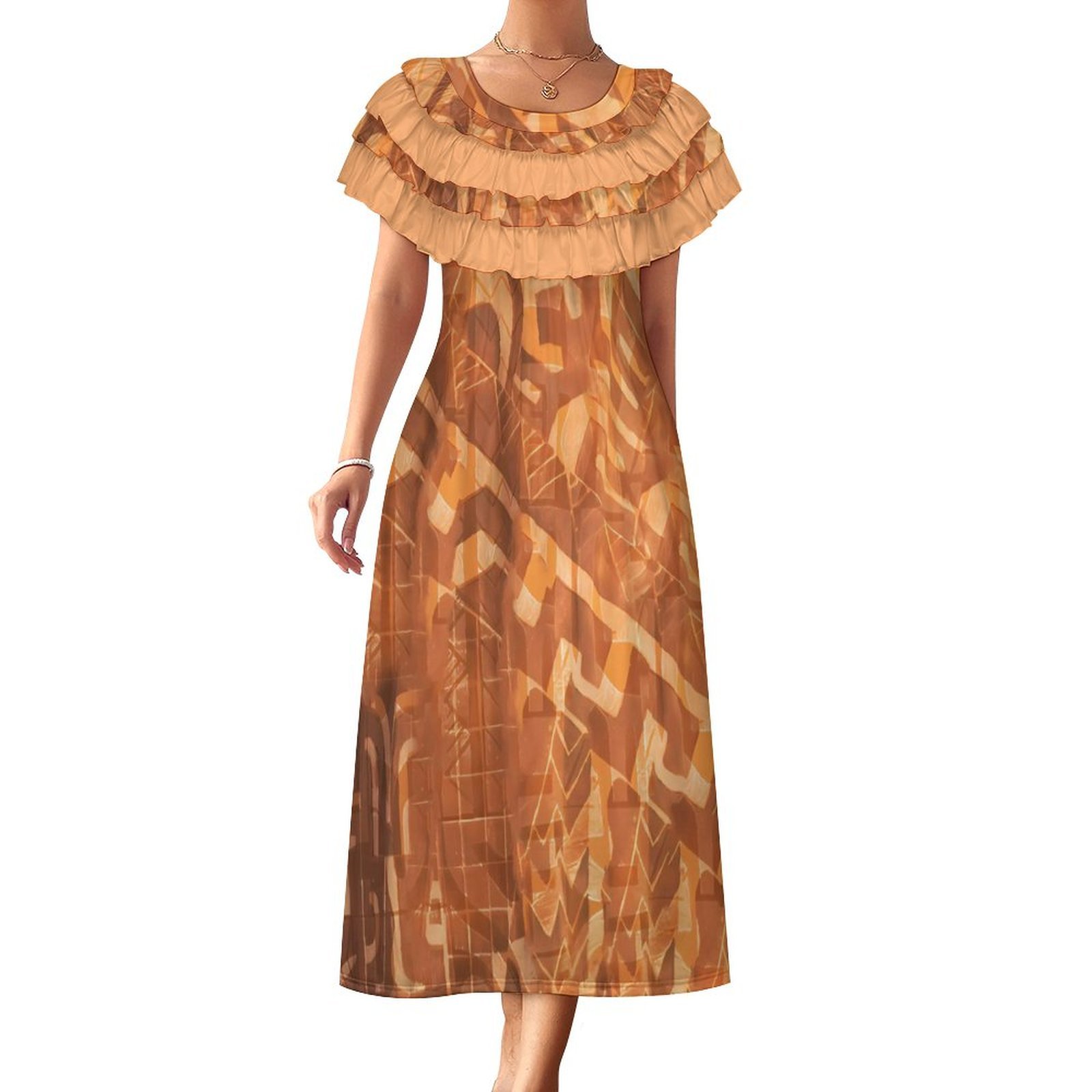 Promotional Polynesian Elei Tribal Design Custom Casual Crew Breathable Neck Multi-Layer Ruffled Collar Dress