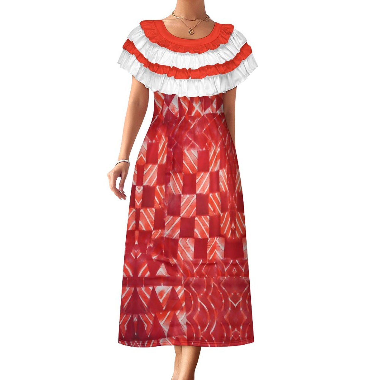 Promotional Polynesian Elei Tribal Design Custom Casual Crew Breathable Neck Multi-Layer Ruffled Collar Dress