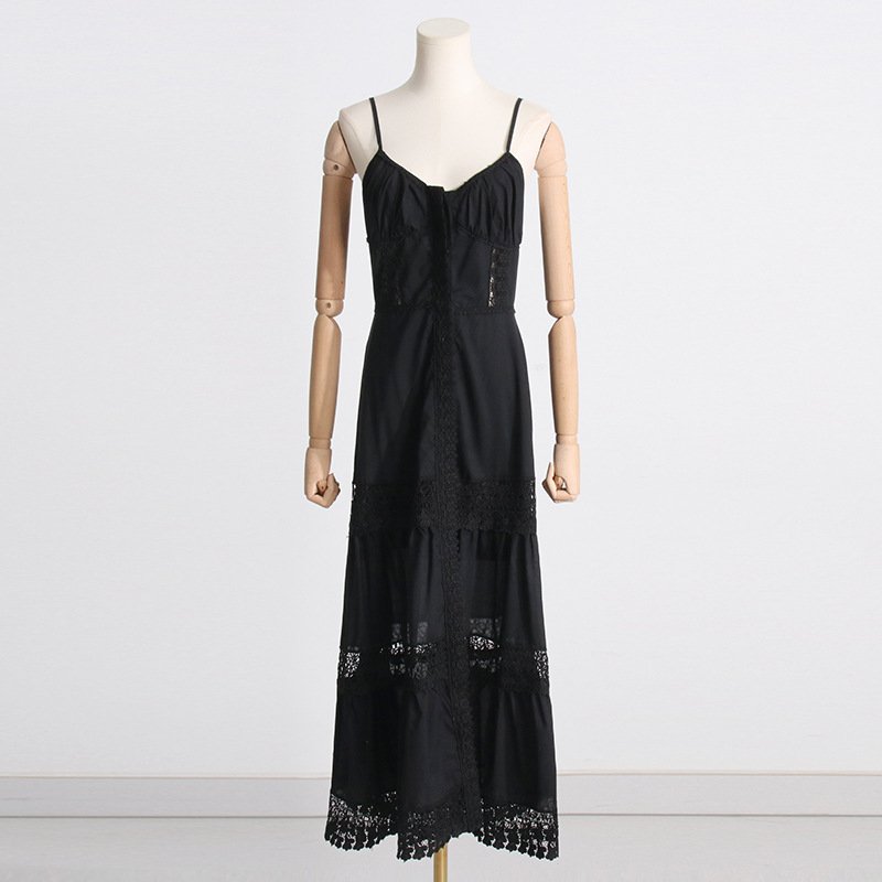 2023 Summer New Design Niche Dresses Lace Hollow Waist Slimming Suspender Dress