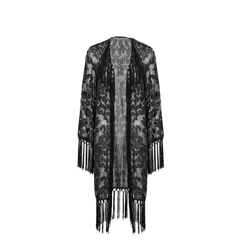 New Arrival FEON Advanced Apparel Dresses Black Lace Fringe Sweater Top Womens Small Open Front Open Knit