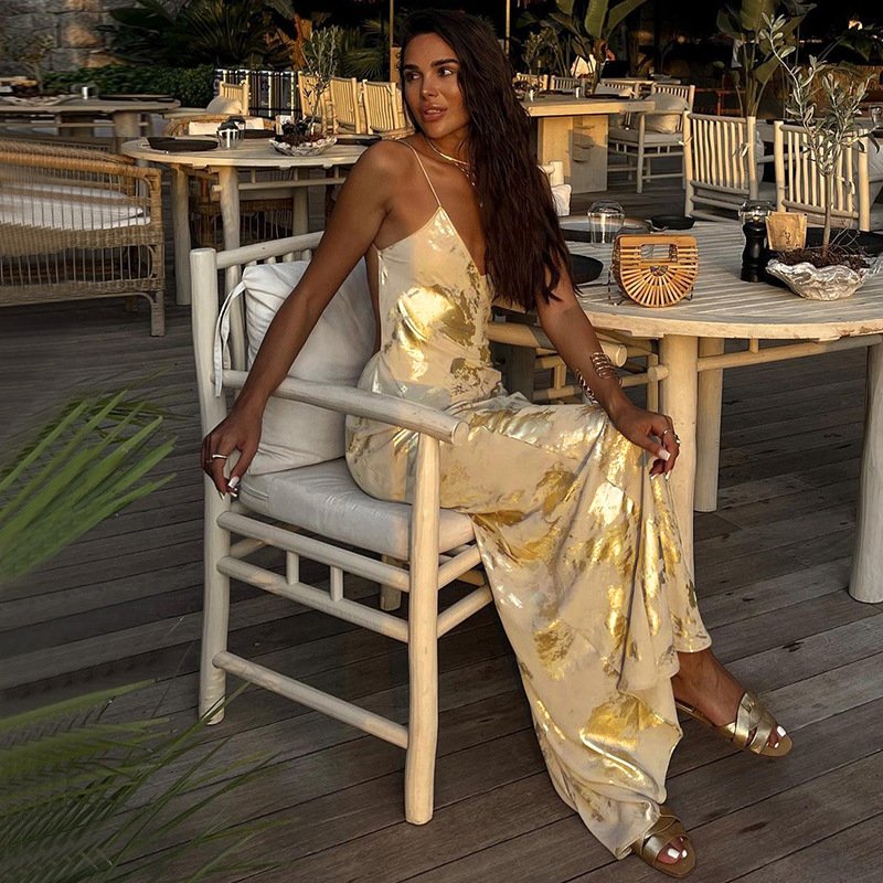 Fashionable Gold Evening Maxi Dress Breathable Sleeveless V-Neck Sexy Open Back Spaghetti Strap Slip Women's Dresses Casual