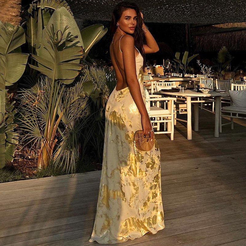 Fashionable Gold Evening Maxi Dress Breathable Sleeveless V-Neck Sexy Open Back Spaghetti Strap Slip Women's Dresses Casual