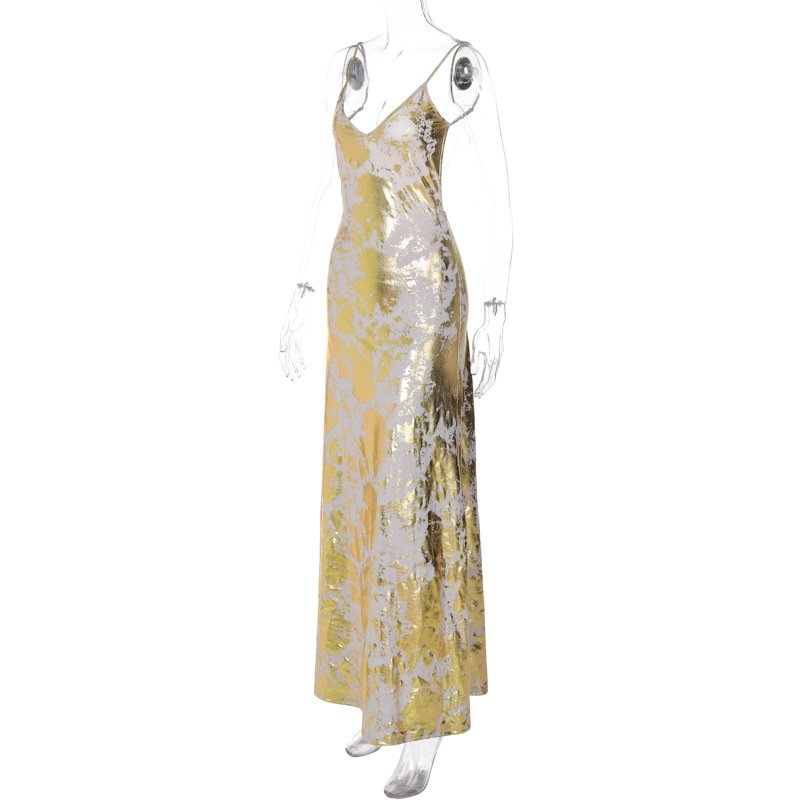 Fashionable Gold Evening Maxi Dress Breathable Sleeveless V-Neck Sexy Open Back Spaghetti Strap Slip Women's Dresses Casual