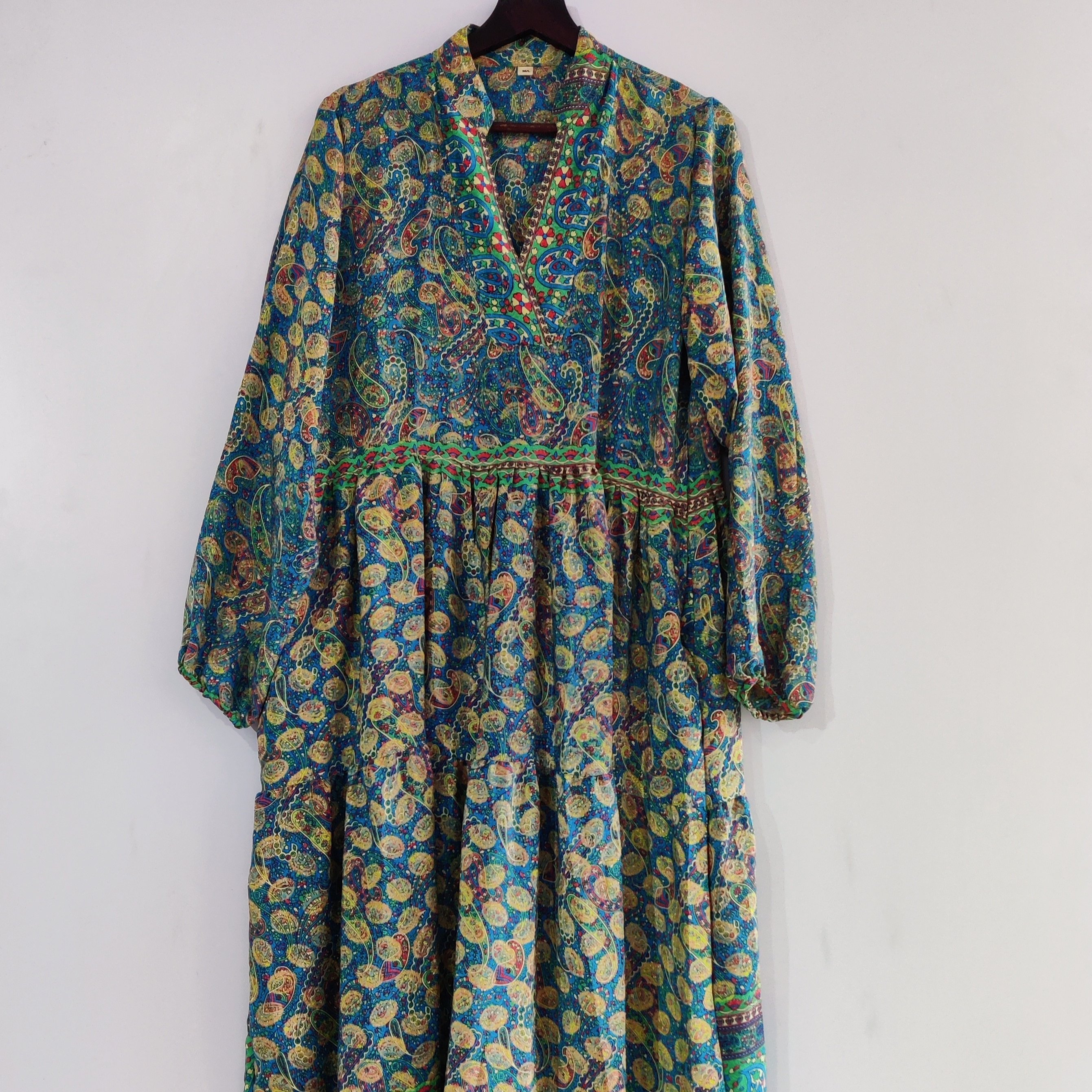Light Weight Night Sleep Wear Dressing Gown Beach Wear Korean Sleeved Dress Crepe Silk Sari Floral Print Long Women Casual Dress