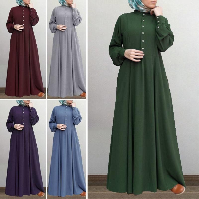 New Pleated Hem Muslim Long Dress Button crew neck Loose A-Line Dress Abaya Islamic Clothing manufacturers women dress