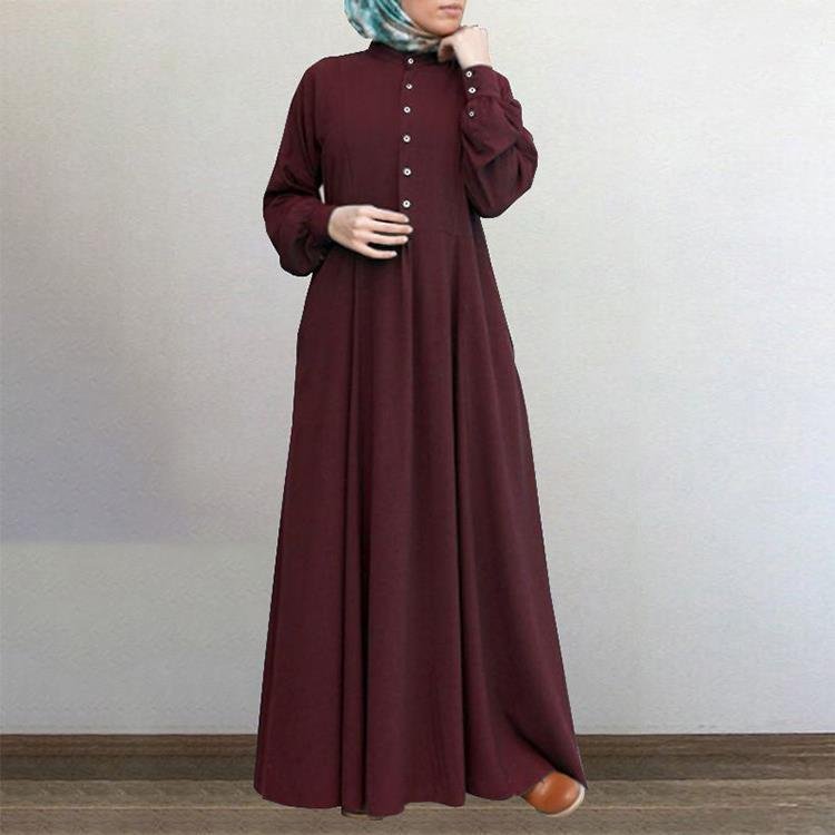 New Pleated Hem Muslim Long Dress Button crew neck Loose A-Line Dress Abaya Islamic Clothing manufacturers women dress