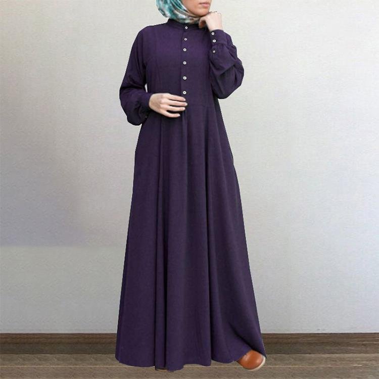 New Pleated Hem Muslim Long Dress Button crew neck Loose A-Line Dress Abaya Islamic Clothing manufacturers women dress
