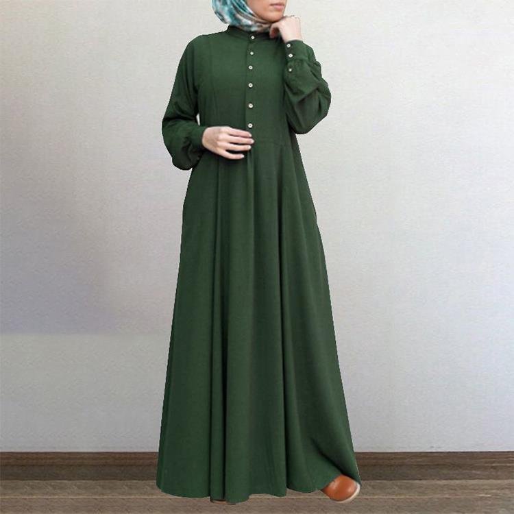New Pleated Hem Muslim Long Dress Button crew neck Loose A-Line Dress Abaya Islamic Clothing manufacturers women dress