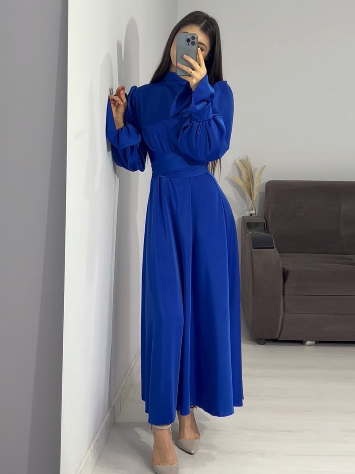 DarkHorse Women Dress High Quality Elegant Solid Color Chiffon Loose Long Sleeved Pleated Ruffles Dress With Sashes Casual Dress