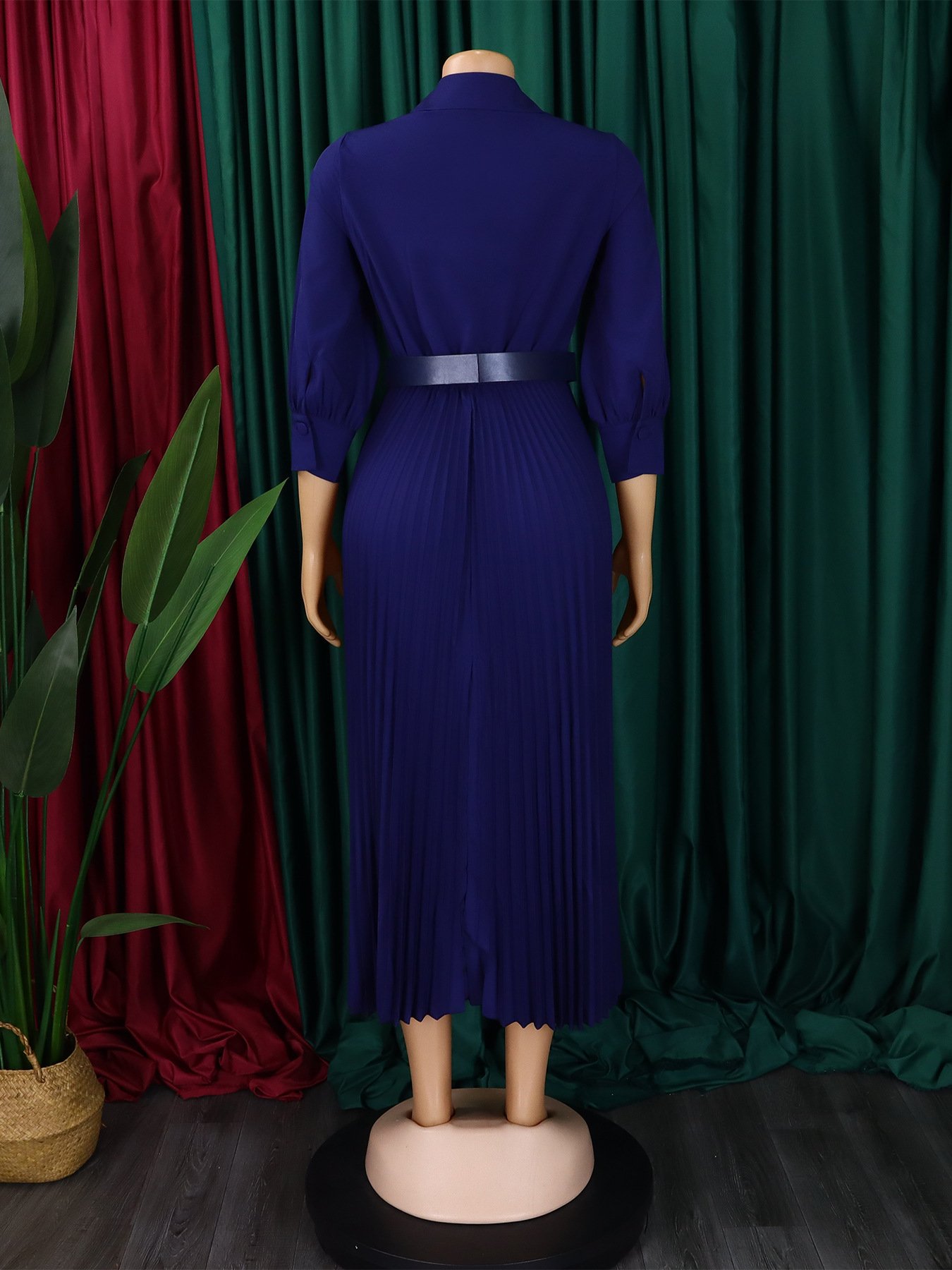 Trendy Spring Dresses Women Lady Elegant Solid Color Long sleeve V-neck Pleated Dress Elegant Casual Dresses With Belt