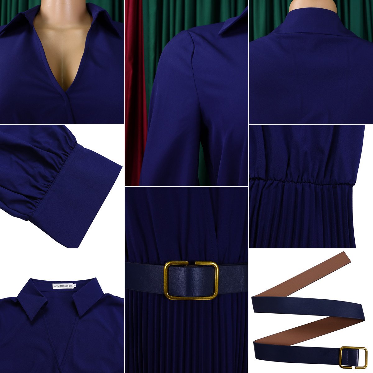 Trendy Spring Dresses Women Lady Elegant Solid Color Long sleeve V-neck Pleated Dress Elegant Casual Dresses With Belt
