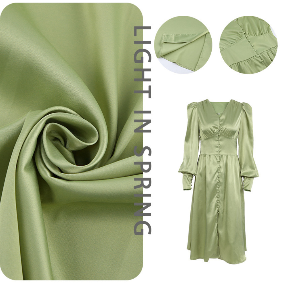 WanBao Design Dresses Women V Neck Lantern Sleeve Button Up Long Satin Slim A Line Dress