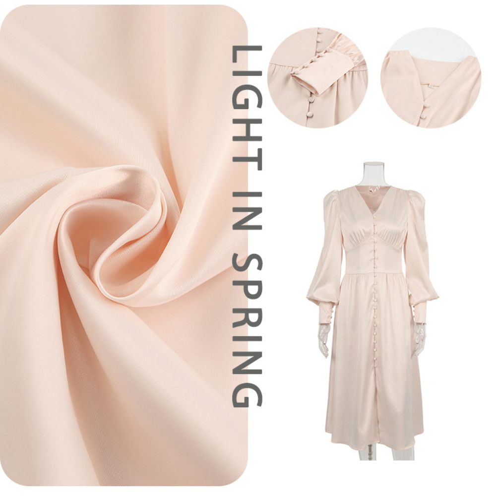 WanBao Design Dresses Women V Neck Lantern Sleeve Button Up Long Satin Slim A Line Dress