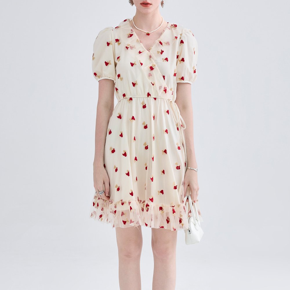 Casual dresses women lady elegant fashion long sleeve V-neck breathable floral long vintage dress