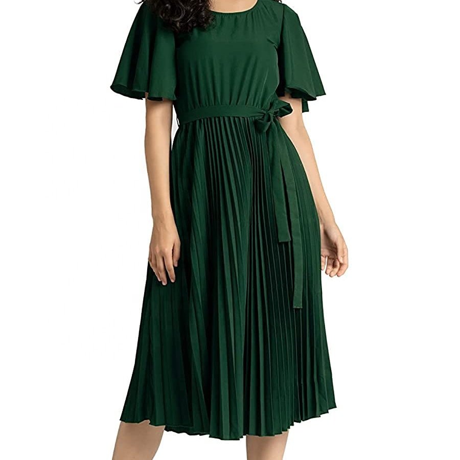 New Arrival Plain Green Color Plated Design Midi Dress With Sash For Summer Party Favour Midi Dress For Women