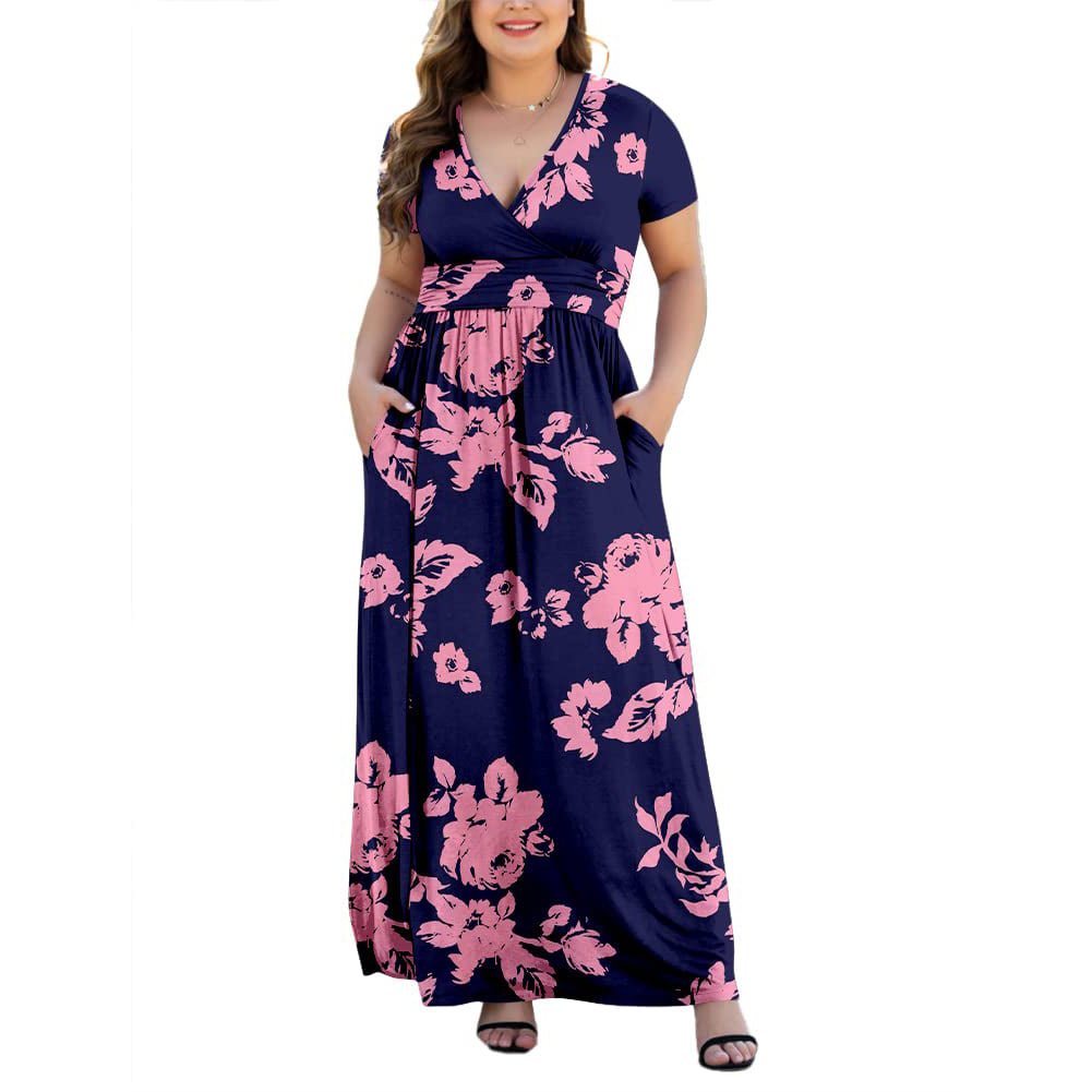 Women's Short Sleeve V-Neck Plus Size Casual Maxi Dresses with Pockets