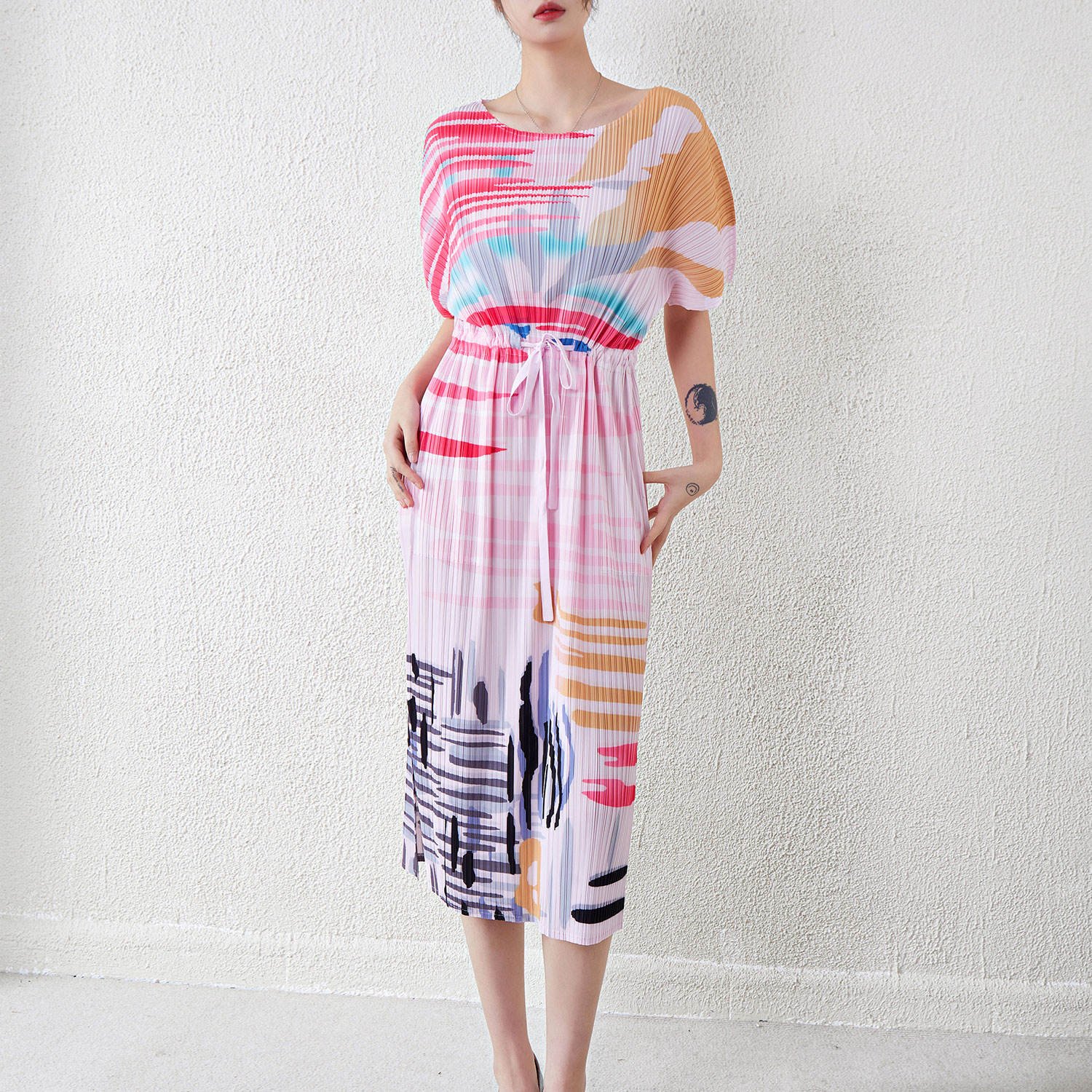 New Arrival Miyake Dress Custom Print Maxi Dress Short Sleeve Pleated Casual Dress