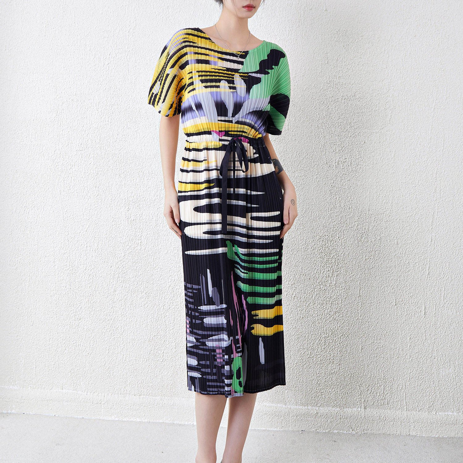 New Arrival Miyake Dress Custom Print Maxi Dress Short Sleeve Pleated Casual Dress