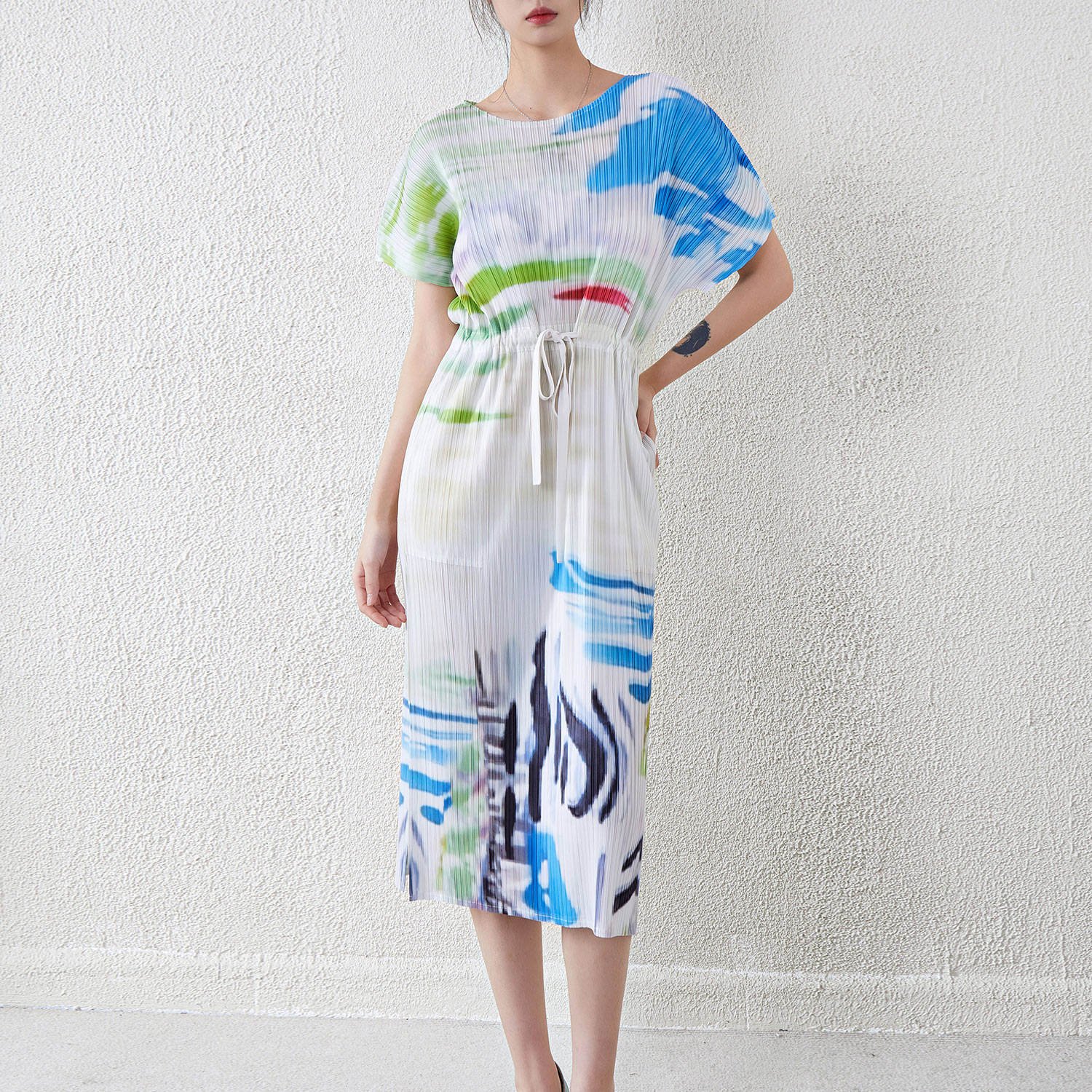 New Arrival Miyake Dress Custom Print Maxi Dress Short Sleeve Pleated Casual Dress