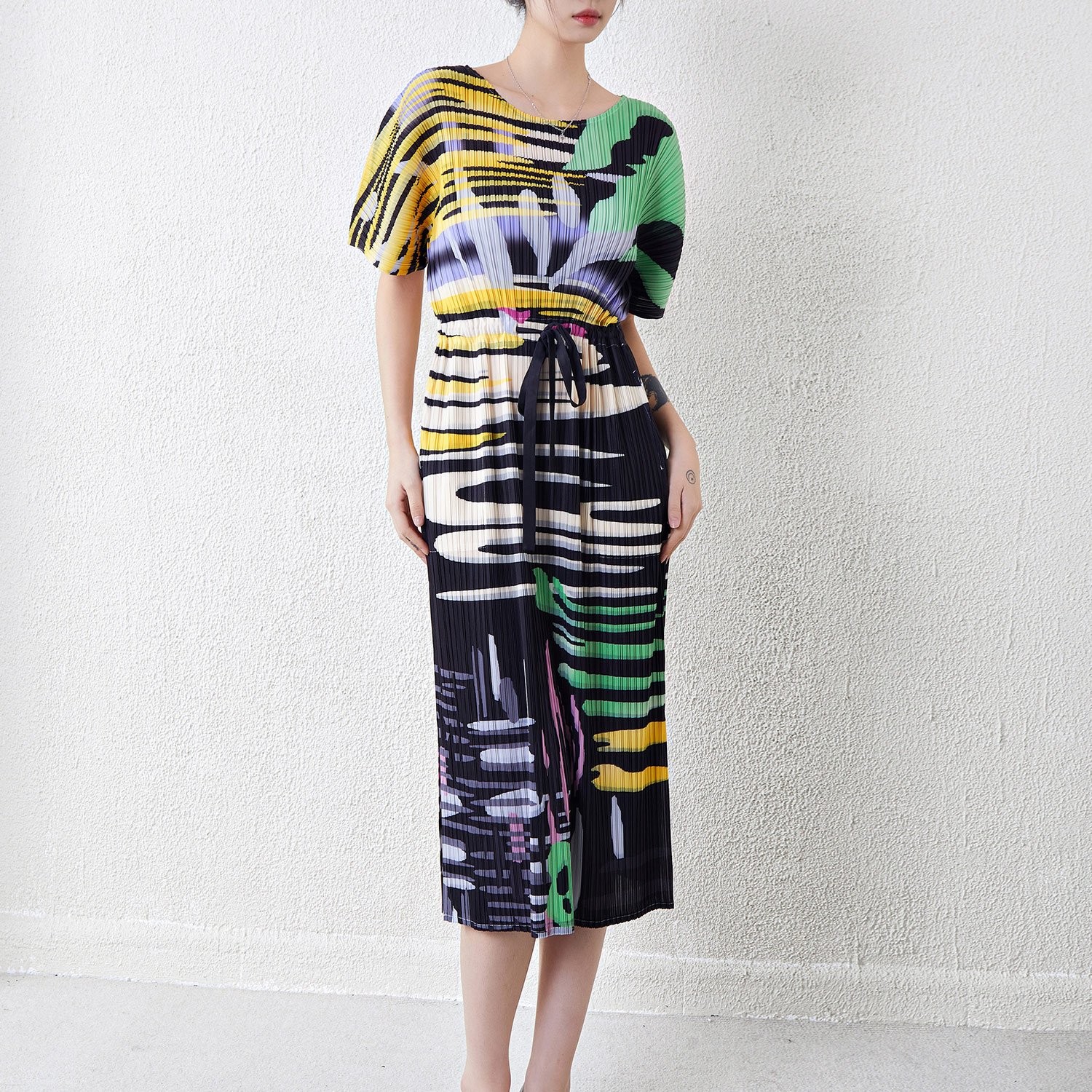New Arrival Miyake Dress Custom Print Maxi Dress Short Sleeve Pleated Casual Dress