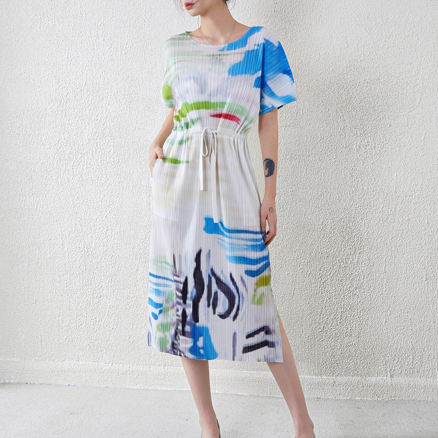 New Arrival Miyake Dress Custom Print Maxi Dress Short Sleeve Pleated Casual Dress
