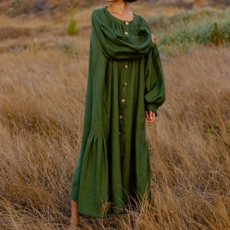 2021 Linen Fashion vintage summer ladies army green solid o-neck long sleeve full palazzo women linen casual dresses