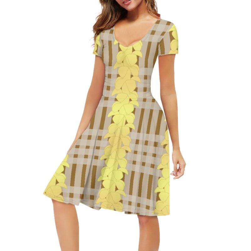 Sublimation Hawaiian Flowers Printing Short Sleeve V-neck Casual Dresses Wholesale Full Printed Hawaii Custom Logo Women's Dress