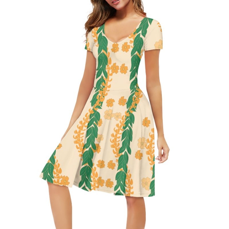 Sublimation Hawaiian Flowers Printing Short Sleeve V-neck Casual Dresses Wholesale Full Printed Hawaii Custom Logo Women's Dress